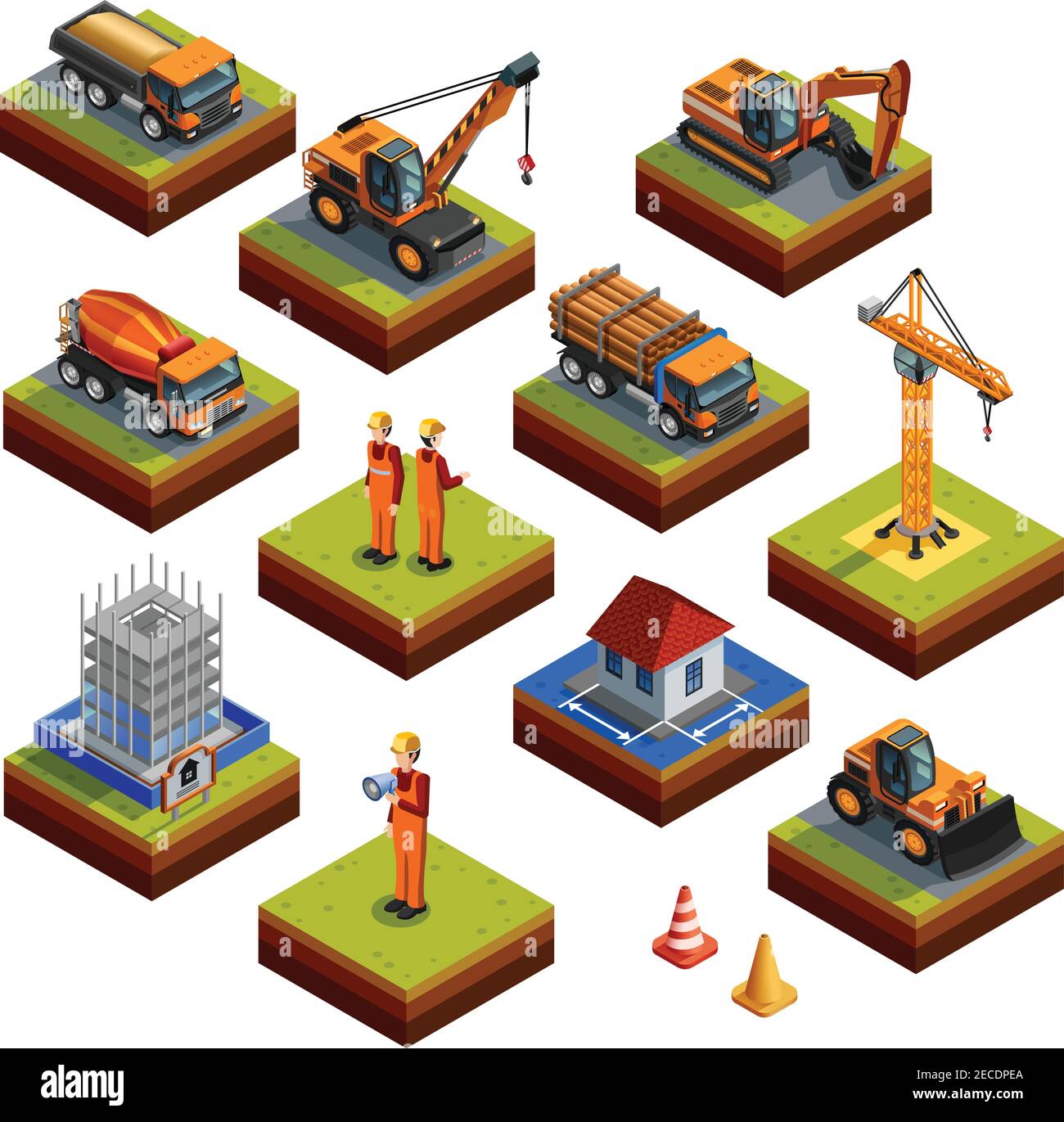 Construction Isométrique icônes isolées avec des travailleurs en casques et uniformes grue d'objet de construction camion bulldozer mélangeur de béton et autres véhicules est Illustration de Vecteur