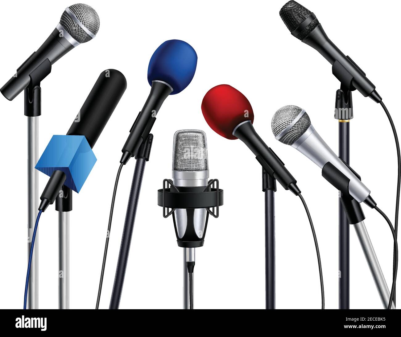 Différents microphones de conférence de presse de couleur muiltcoled préparés pour le haut-parleur activé illustration vectorielle réaliste sur fond blanc Illustration de Vecteur