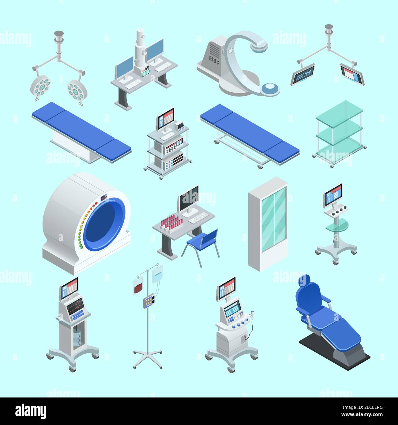 Matériel moderne de chirurgie médicale et de salles d'examen avec moniteur de scanner et l'illustration vectorielle isolée abstraite de la table des opérations Illustration de Vecteur