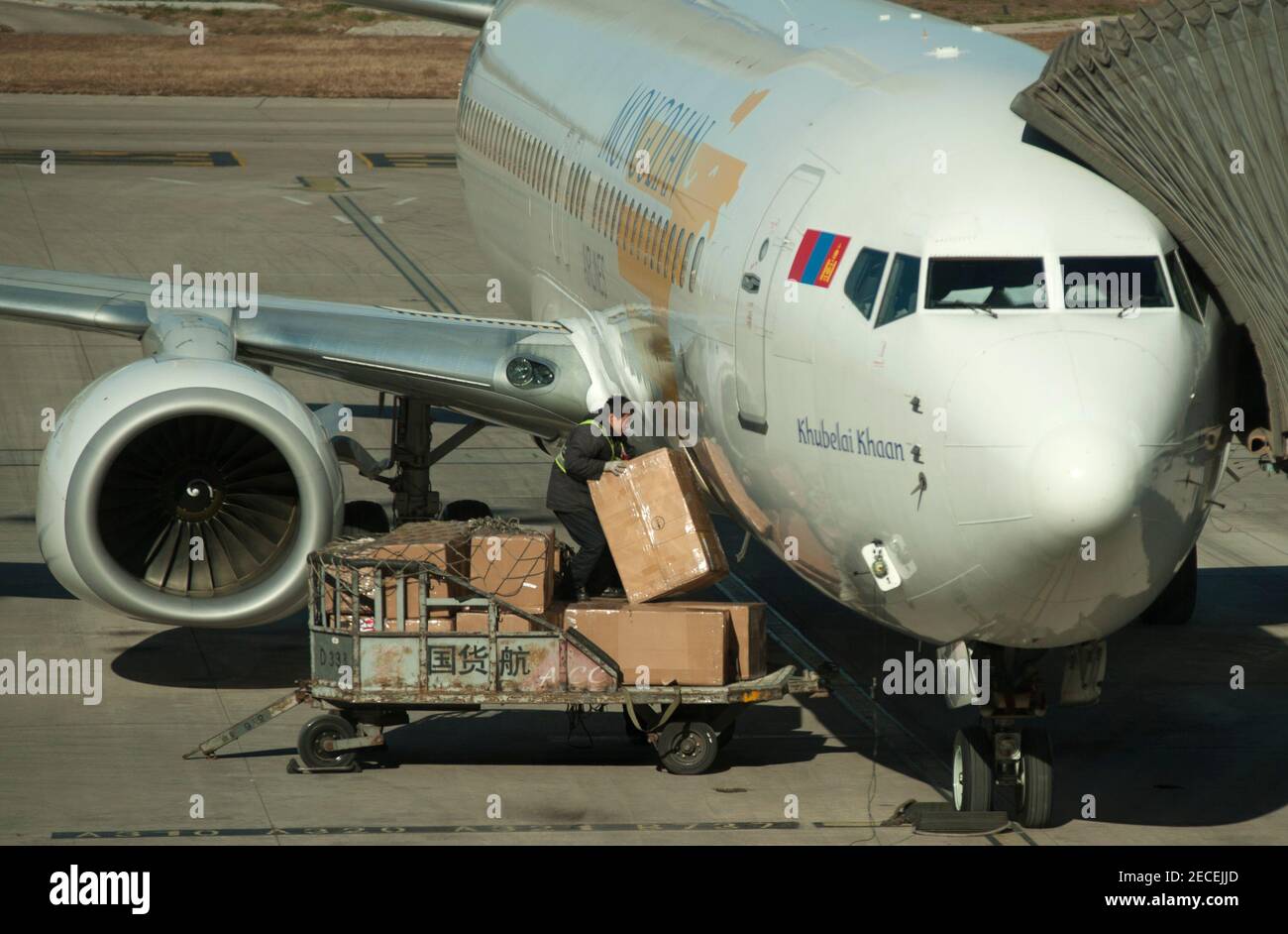 Un Boeing 737-700 mongol du transporteur de pavillon national, Mongolian Airlines (MIAT), est chargé et préparé pour le départ à Ulan Bator en Mongolie lors d'une journée ensoleillée, dans le ciel bleu, sans pollution à la porte du terminal 3 de l'aéroport de Beijing Capital, dans le district de Shunyi de la capitale chinoise, Beijing, Chine, RPC. © Time-snapshots Banque D'Images