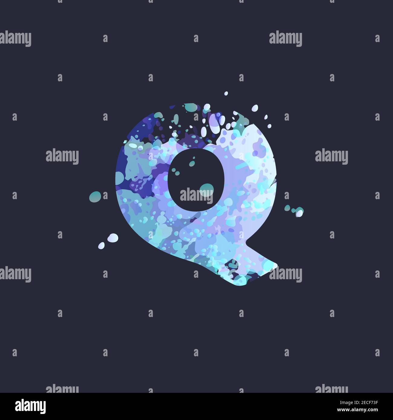 Lettre Q en gras avec effet de taches de peinture liquide en bleu, blanc, violet sur fond bleu marine foncé. Élément de décoration pour la conception d'hiver d'une fl Illustration de Vecteur