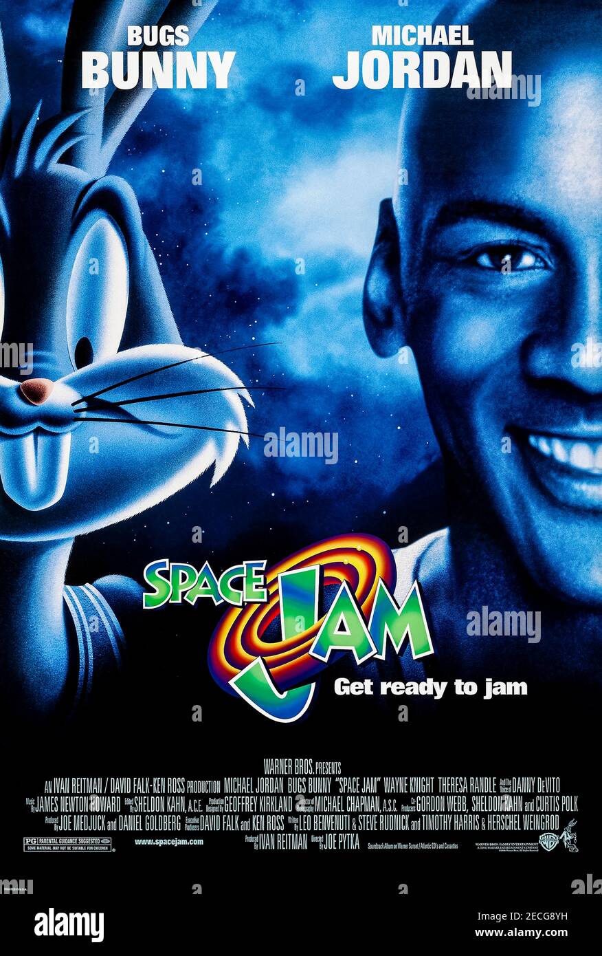Space Jam (1996) réalisé par Joe Pytka et mettant en vedette Michael Jordan, Wayne Knight et Theresa Randle. Film hybride animé en direct où les personnages de dessin animé de Looney Tunes s'inscrivent à l'aide de Michael Jordan pour gagner un match de basket-ball et leur liberté. Banque D'Images