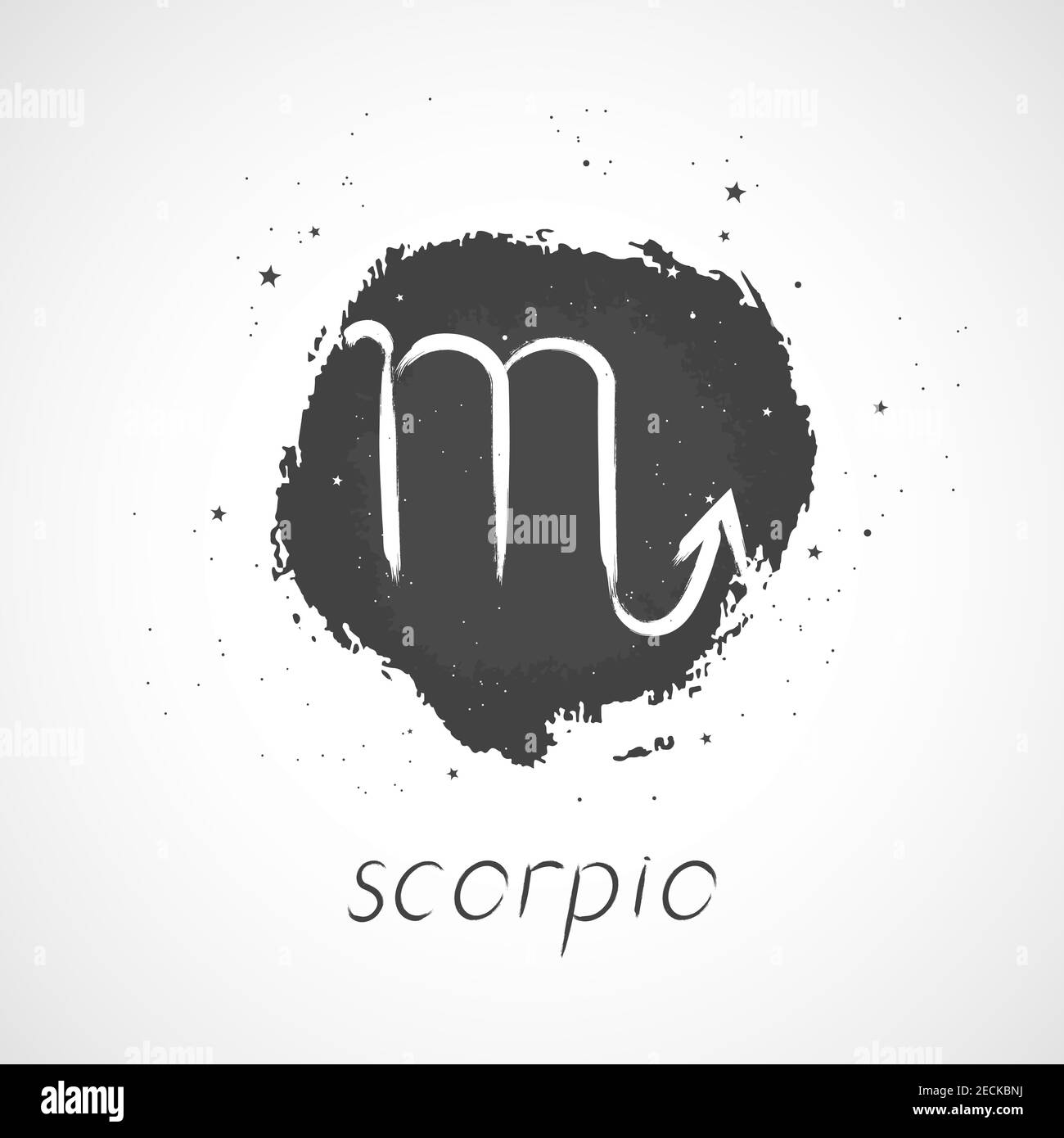 Illustration vectorielle avec signe de zodiaque dessiné à la main SCORPION sur fond d'encre grunge. Monochrome. Illustration de Vecteur