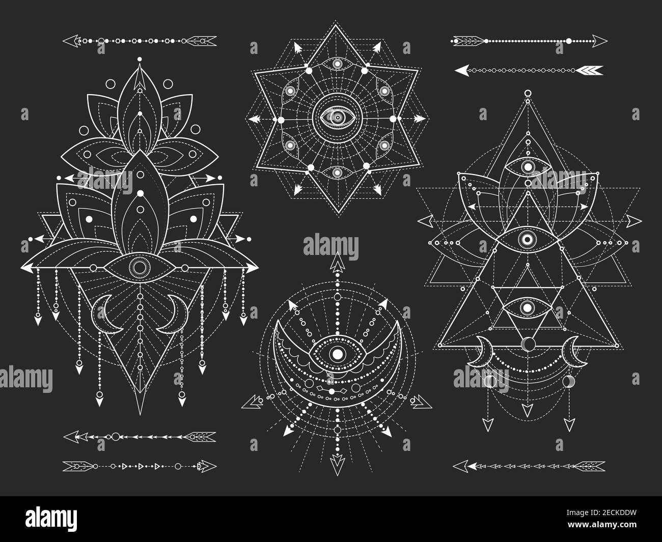 Kit vectoriel de symboles géométriques et naturels sacrés sur fond noir. Collection de signes mystiques abstraits. Formes linéaires blanches. Pour votre design ou votre moder Illustration de Vecteur