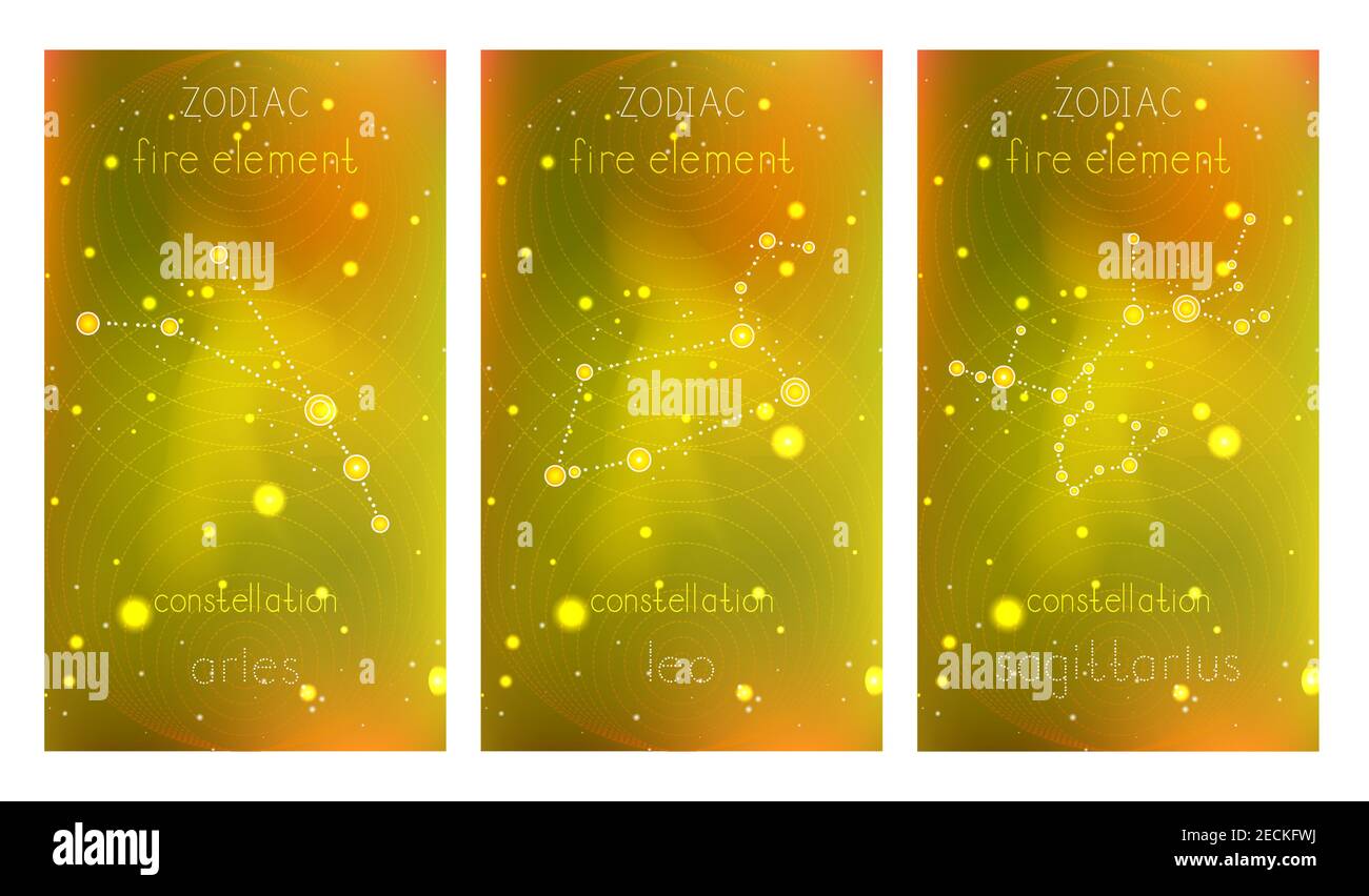 Ensemble de trois cartes avec constellations de zodiaque et symbole géométrique sur fond abstrait avec étoiles. Collection des éléments du feu: Aries, Leo Illustration de Vecteur