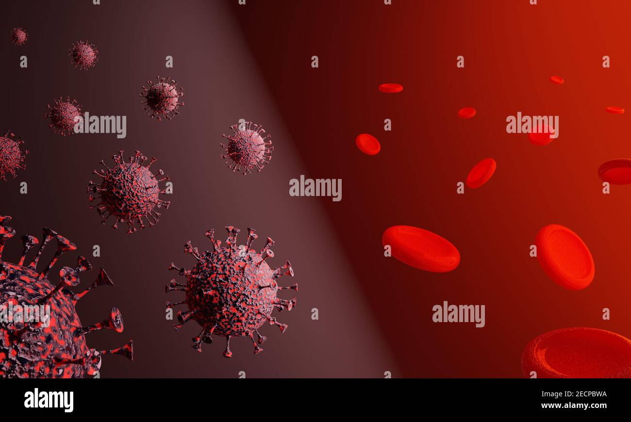 Rendu 3D du coronavirus et des globules rouges. Concept médical de l'éclosion du virus Covid-19 mortel.Illustration d'une image numérique pour m Banque D'Images