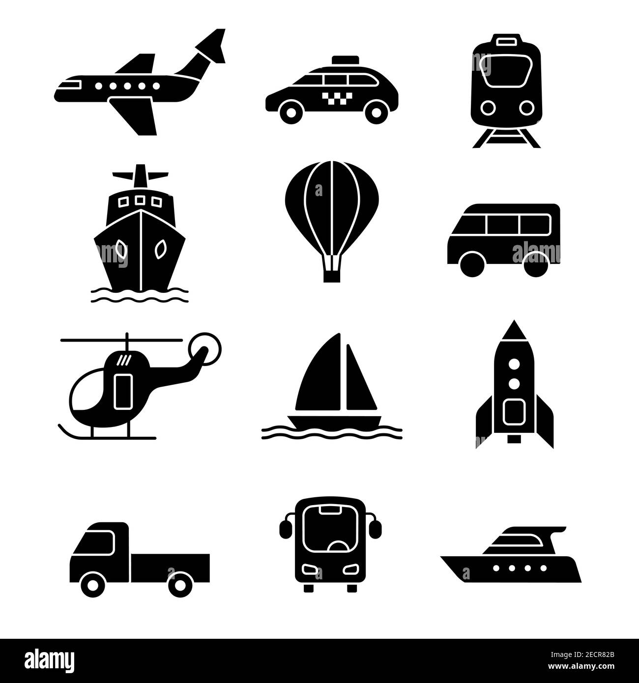 Ensemble d'icônes de concept de transport dans un noir et couleur blanche Illustration de Vecteur
