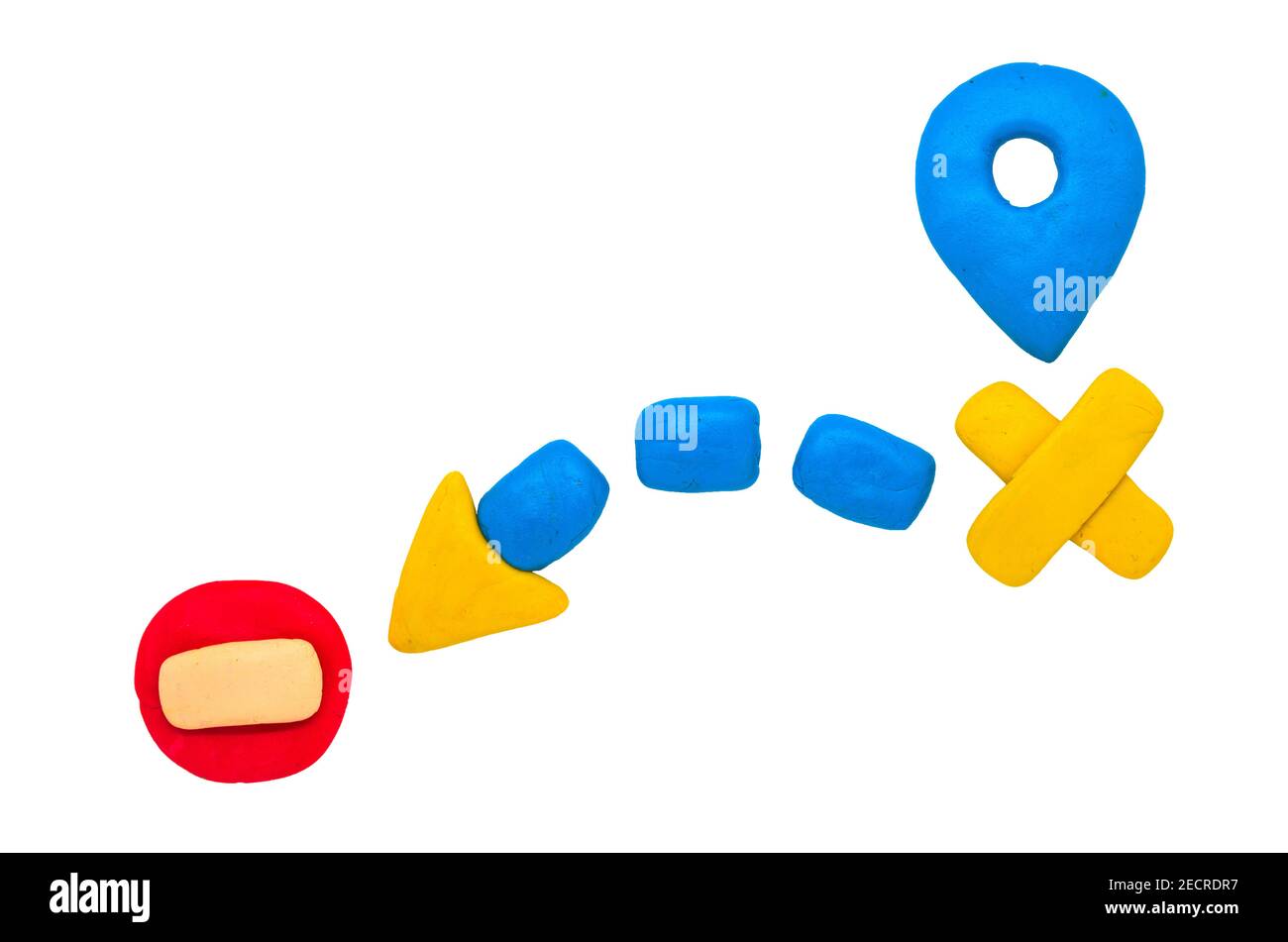 Modélisation du signe de navigation en argile sur fond blanc. Panneau de navigation lumineux isolé. Panneaux routiers clipart. Pointeur de départ et de destination de l'itinéraire. Arrêter ou Banque D'Images