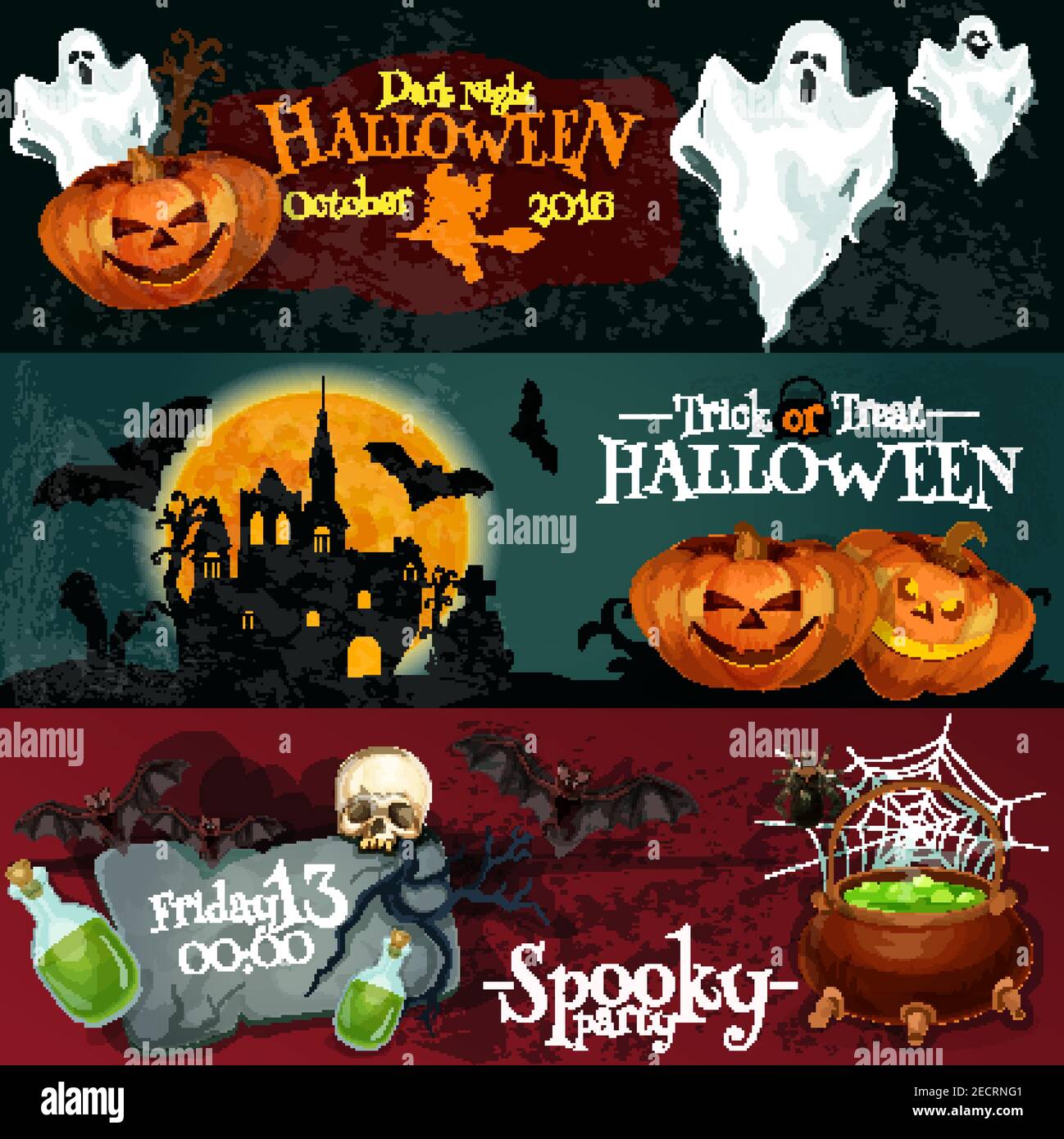 Design pour les panneaux et affiches d'Halloween avec éléments vectoriels de lanterne de citrouille, fantômes blancs volants, château de vampire hanté avec des munitions pleines de minuit Illustration de Vecteur