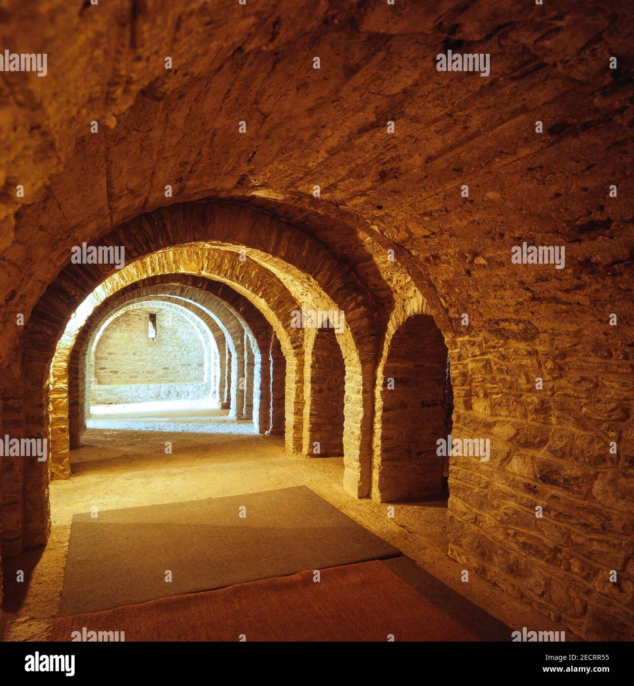 Cripta de la Abadía de Sant Martí del Canigó, fundada en el siglo XI en la localidad de Casteil, Francia. Banque D'Images