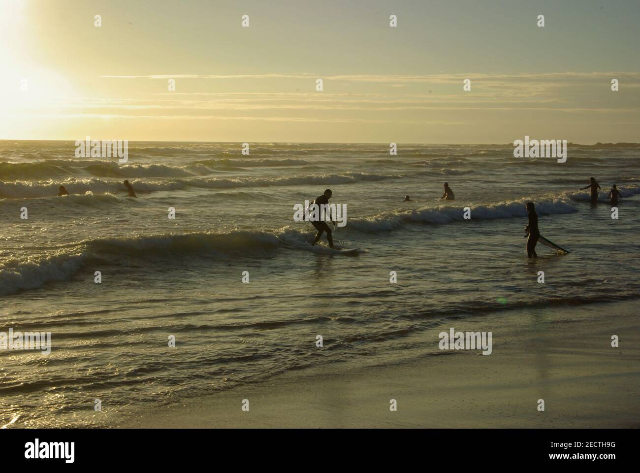 Surfeurs ayant des leçons de surf en descendant de petites vagues au coucher du soleil sur la plage en espagne Banque D'Images