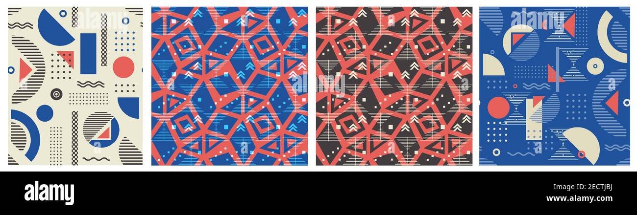 Ensemble de motifs memphis sans couture. Triangle, gris carré. Bleu, rose sur fond blanc. Illustration vectorielle pour vêtements et tissus pour hommes. Illustration de Vecteur