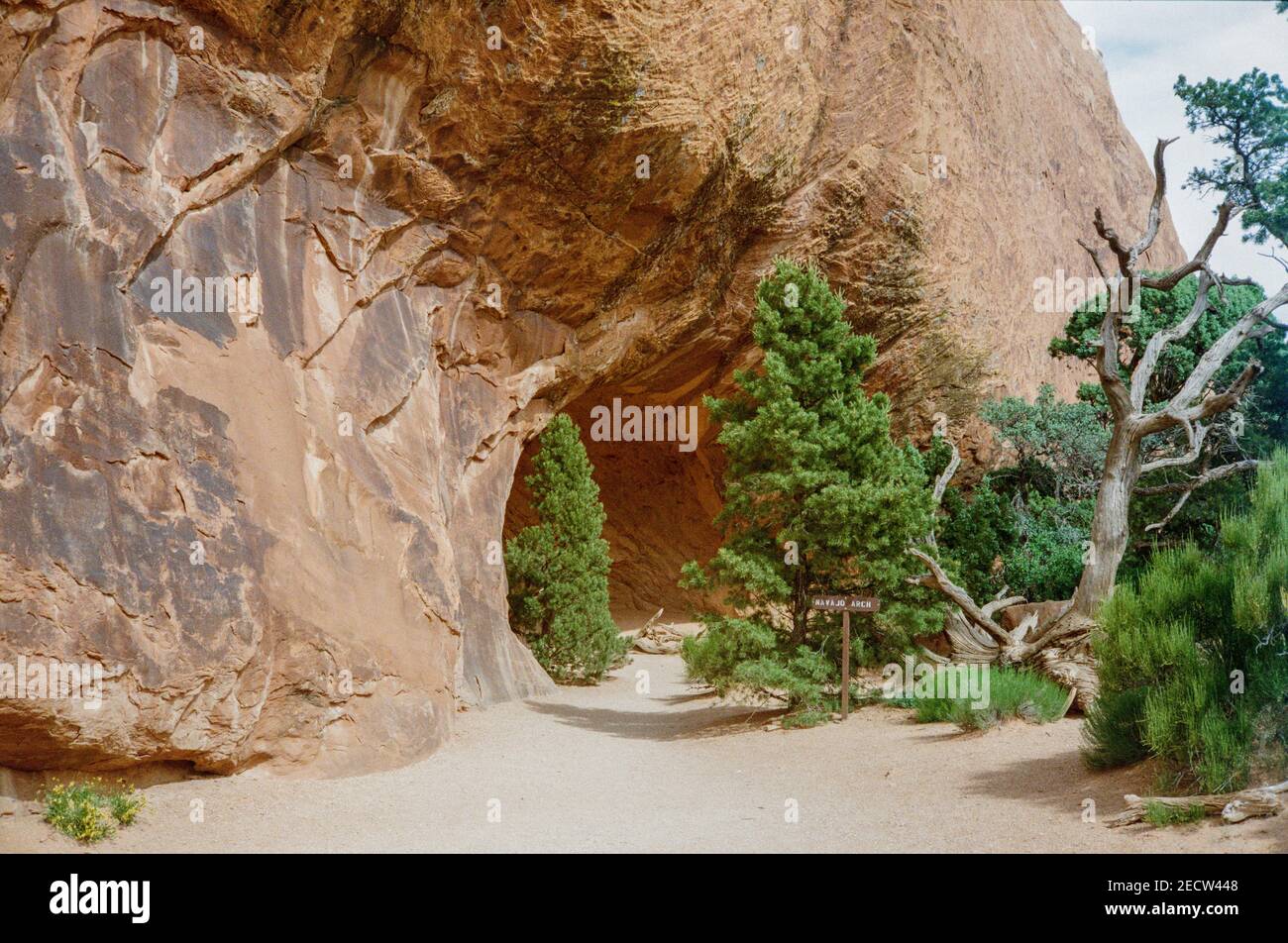 Une formation rocheuse robuste avec une grande entrée dans la grotte dans le parc national d'Arches, Utah, États-Unis Banque D'Images