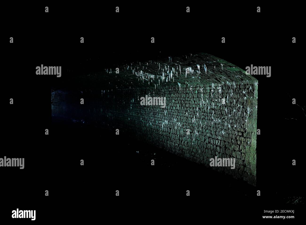 Connu localement sous le nom de « The Dark Arch » près d'Aberford à Leeds. Le tunnel a été illuminé avec une torche pour montrer les glaçons suspendus du toit. Banque D'Images