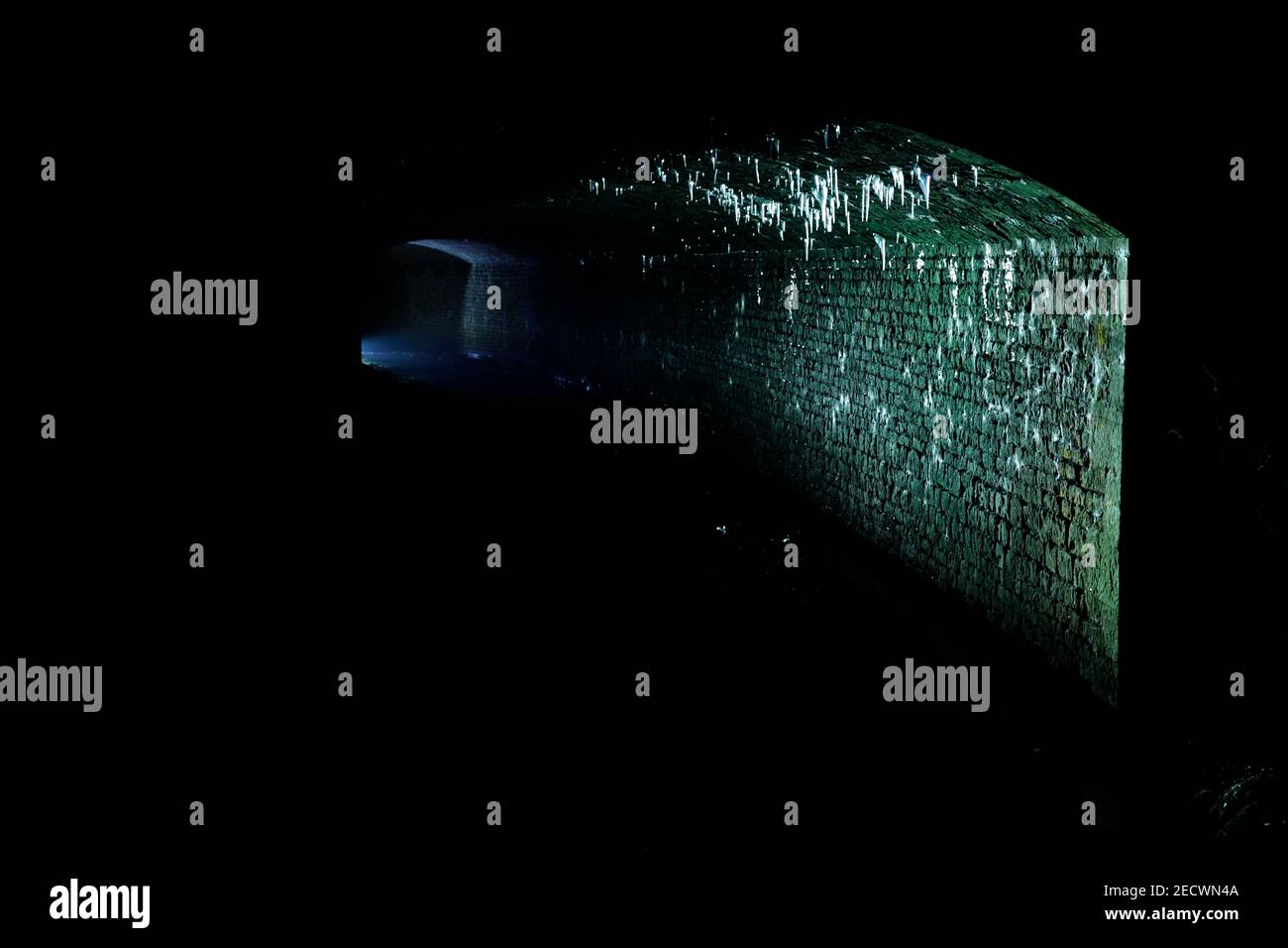 Connu localement sous le nom de « The Dark Arch » près d'Aberford à Leeds. Le tunnel a été illuminé avec une torche pour montrer les glaçons suspendus du toit. Banque D'Images