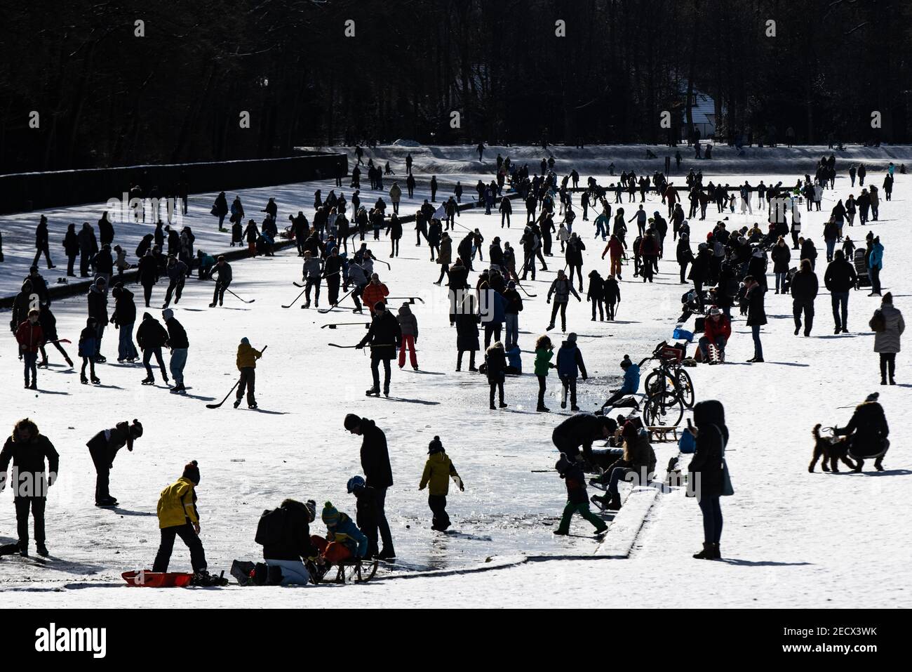 Düsseldorf, Allemagne. 14 février 2021. De nombreuses personnes s'apprécient sur une patinoire gelée au château de Benrath. Crédit : Marcel Kusch/dpa/Alay Live News Banque D'Images
