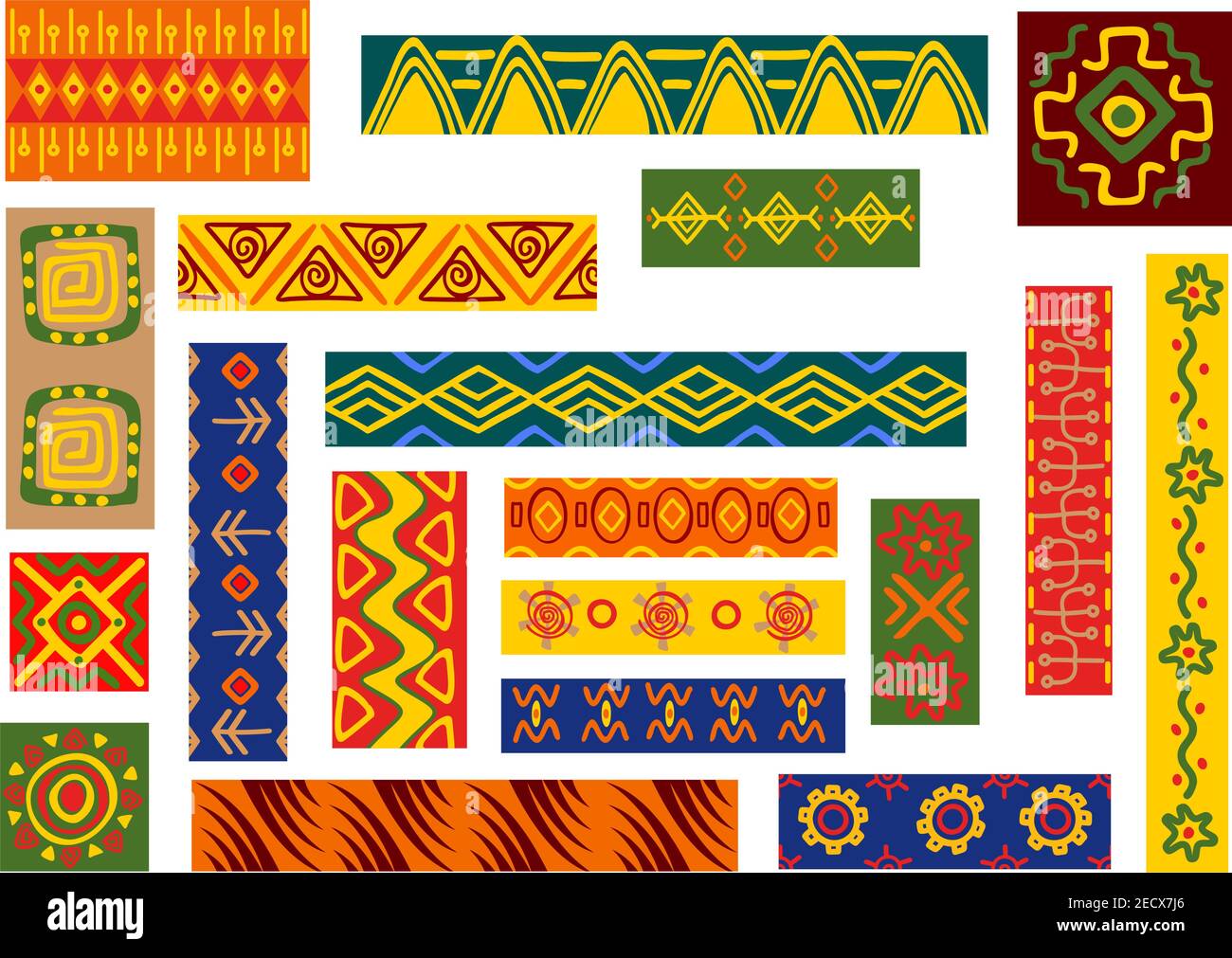 Ornements ethniques africains avec des motifs tribaux et nationaux d'éléments graphiques stylisés de plantes, fleurs. Formes géométriques aux couleurs vives pour tissus, Illustration de Vecteur