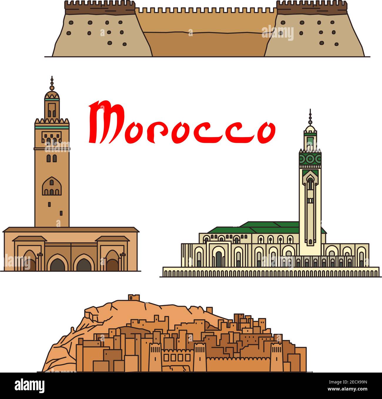 Monuments historiques et sites touristiques du Maroc. Vecteur icônes d'architecture détaillée de la mosquée Koutoubia, ait Ben Haddou, mosquée Hassan II, Kasbah d'Agadir f Illustration de Vecteur