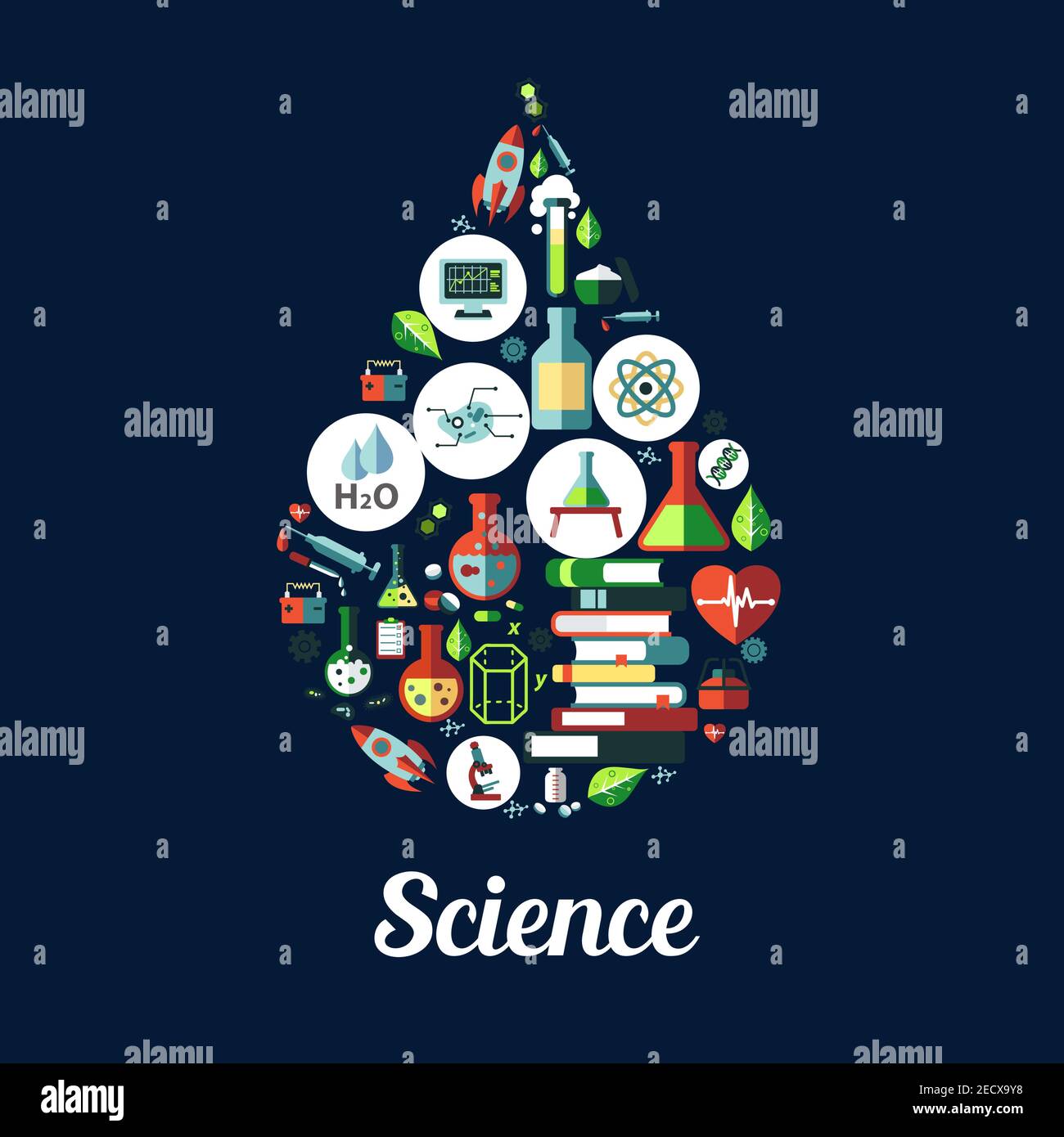 Icône scientifique en forme de goutte. Icônes vectorielles des objets de génétique et de biochimie, atome, adn, produits chimiques, microscope, fusée, substance, gène, molécule Illustration de Vecteur