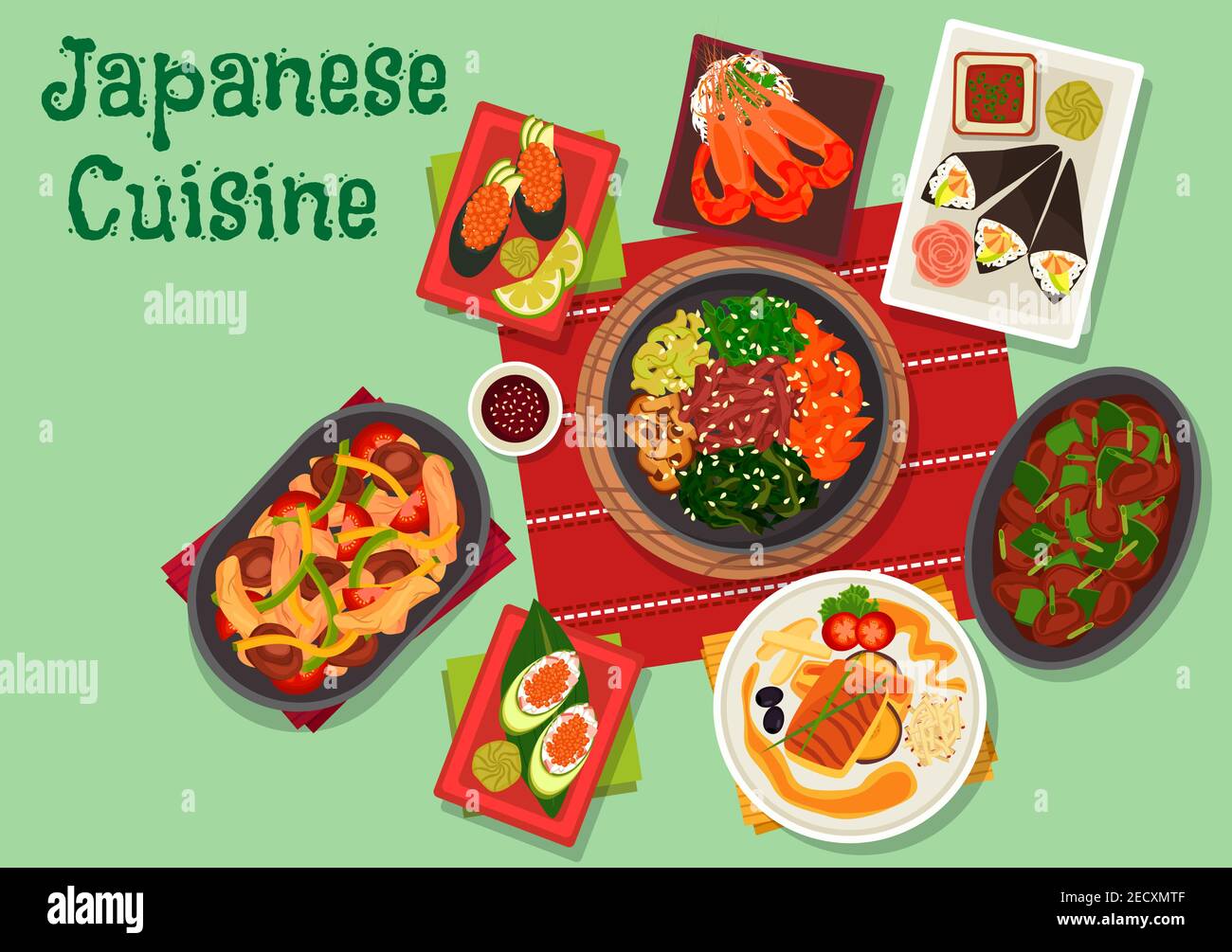 Icône de la cuisine japonaise avec sushi gunkan et temaki avec avocat, crevettes et caviar, crevettes au Chili, perche frite, ragoût de bœuf aux légumes avec champignons, spi Illustration de Vecteur