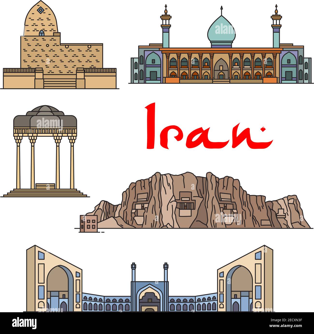 L'architecture et la découverte de l'Iran vecteur icônes détaillées de la tombe de Mordecai et d'Esther, le mausolée Shirazi, le mausolée Shah Cheragh, Jama Masjid, Naqsh Illustration de Vecteur