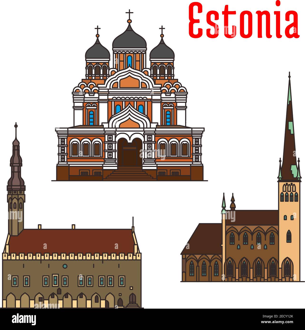 Estonie célèbre architecture historique. Vector icônes détaillées de la cathédrale Alexandre Nevsky, de l'hôtel de ville de Tallinn, de l'église Saint OLAF. Points de repère pour le souveni Illustration de Vecteur