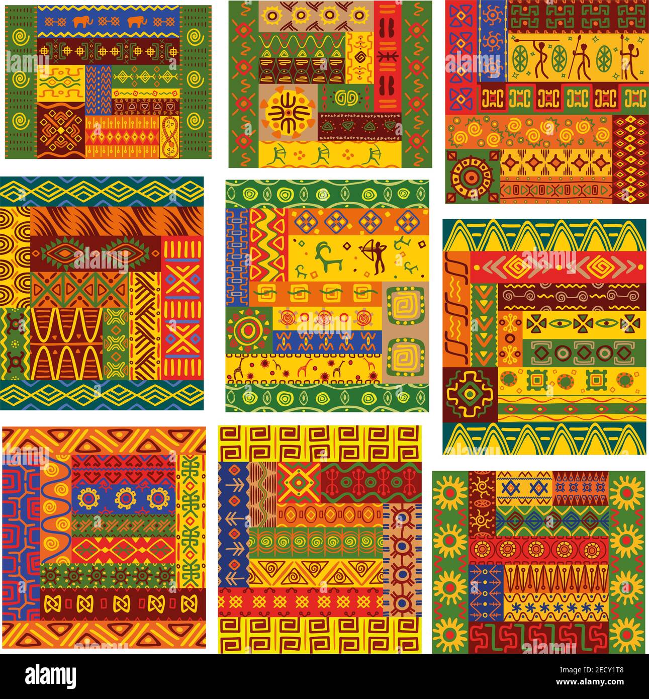 Modèles africains. Ornements ethniques africains vectoriels avec motif tribal et national d'éléments graphiques stylisés de plantes, de fleurs, d'humains, d'anumas. BR Illustration de Vecteur