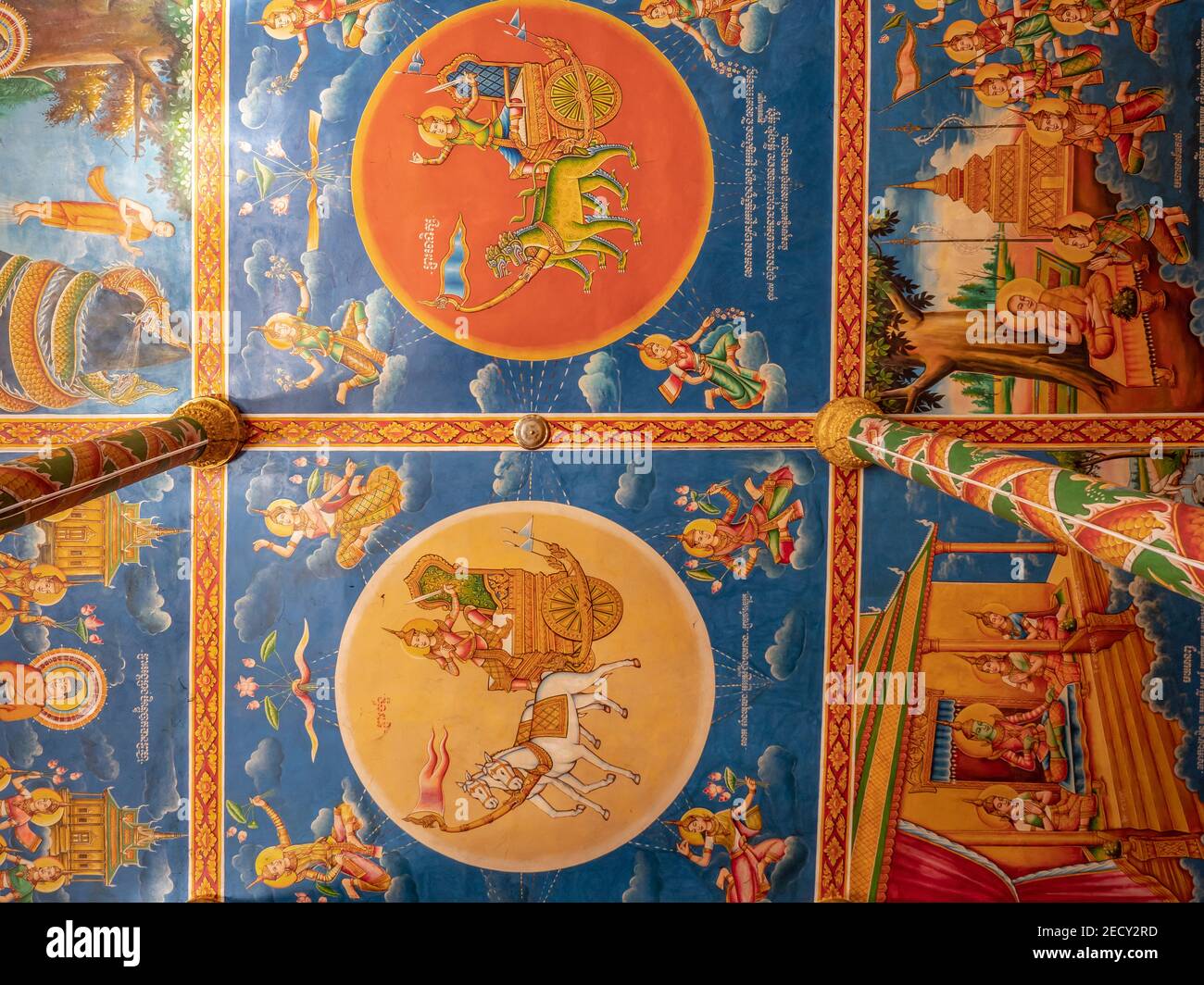 Peintures au plafond à Wat Kean Kliang, un temple bouddhiste à Phnom Penh, Cambodge, situé entre le Tonle SAP et le Mékong. Banque D'Images