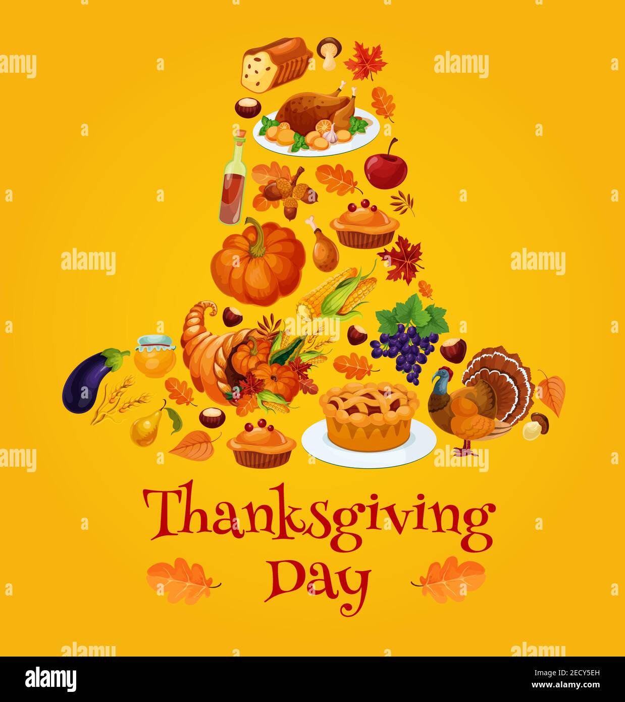 Symboles du jour de Thanksgiving en forme de chapeau de pèlerin. Emblème  vectoriel de la citrouille de fête traditionnelle de Thanksgiving, tarte au poulet  rôti à la dinde, cornucopia, a Image Vectorielle