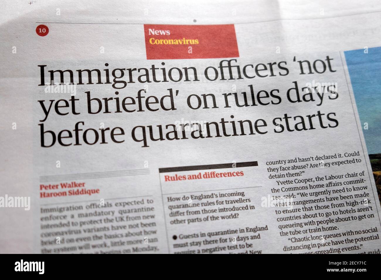 « les agents d'immigration n'ont pas encore été informés » des règles jours avant la quarantaine Startss' Guardian titre Covid pandémie 13 février 2021 Londres ROYAUME-UNI Banque D'Images