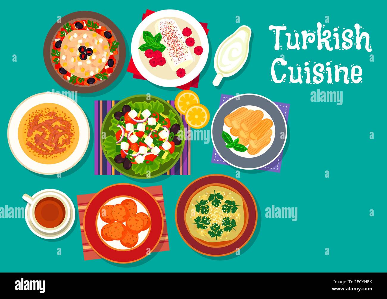 Icône de la cuisine turque avec salade d'aubergines grillées, soupe d'agneau, boulettes de carottes frites, sauce à l'aubergine, salade de légumes avec feta, pouding au poulet sucré Illustration de Vecteur