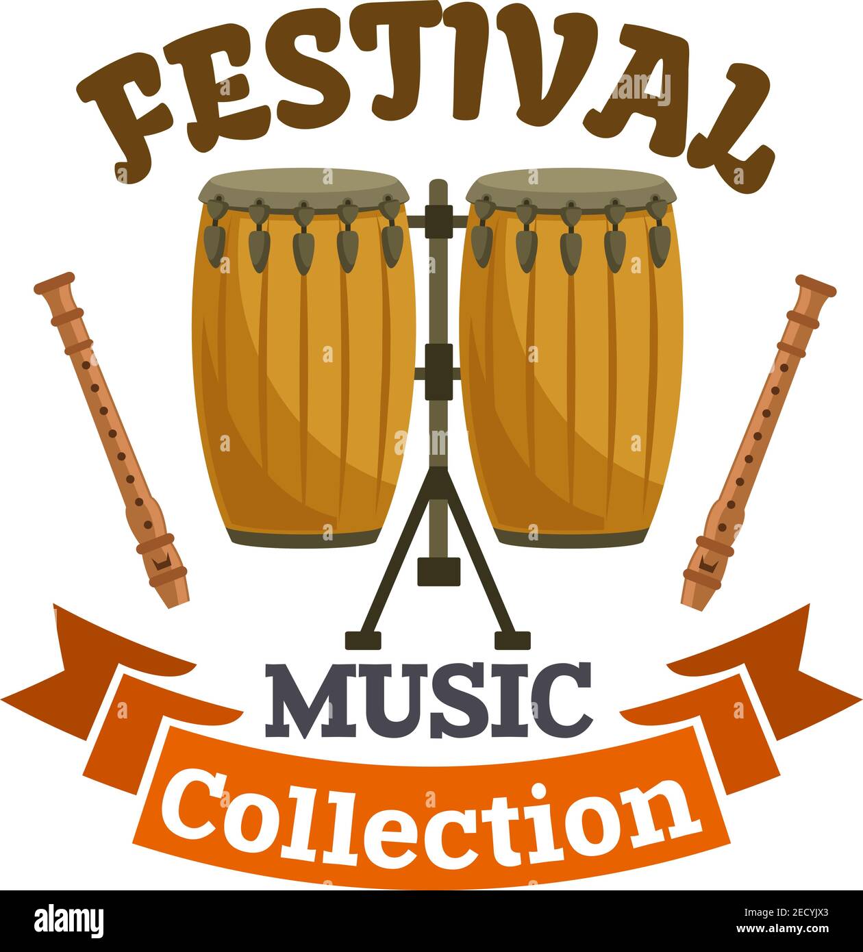 Batterie musicale. Emblème du festival de musique avec symbole vectoriel de cuban, kit de batterie de conga africaine, bâtons de tambour et ruban marron Illustration de Vecteur