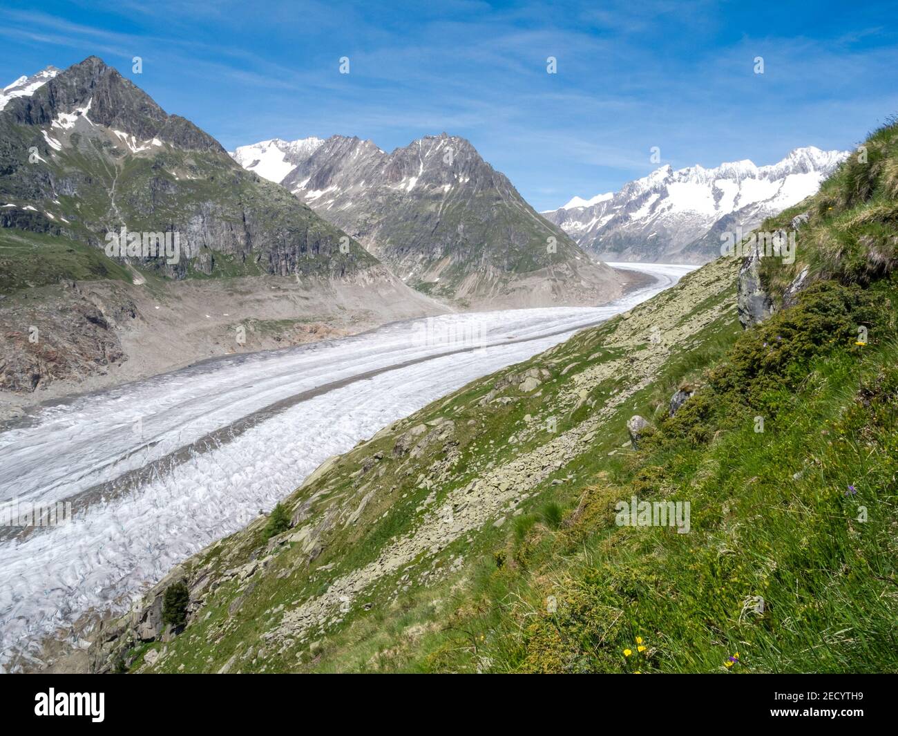 Vue sur le Grand glacier d'Aletsch, Aletschgletscher, dans les Alpes bernoises, canton du Valais, Alpes suisses, Suisse, Europe Banque D'Images