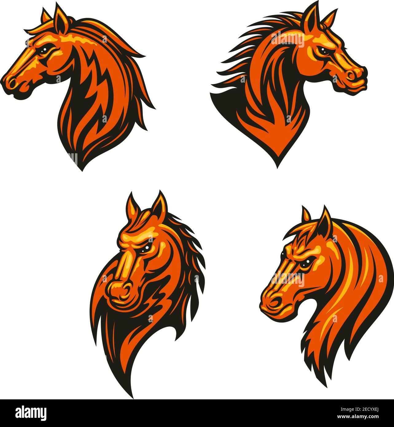 Tête de cheval tribale avec jeu d'icônes de manie flamboyante. Cheval sauvage et mustang avec décoration de feu tribal. Mascotte sportive, tatouage, thème équestre Illustration de Vecteur