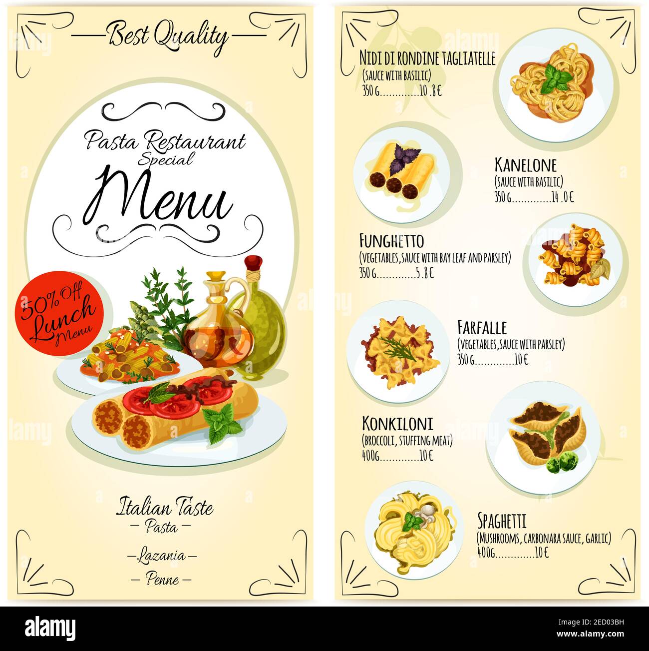 Modèle de carte de menu de déjeuner de restaurant de cuisine italienne.  Symboles vectoriels de pâtes, lasagnes, penne, spaghetti éléments de plat  avec texte, prix, offre de réduction Image Vectorielle Stock -