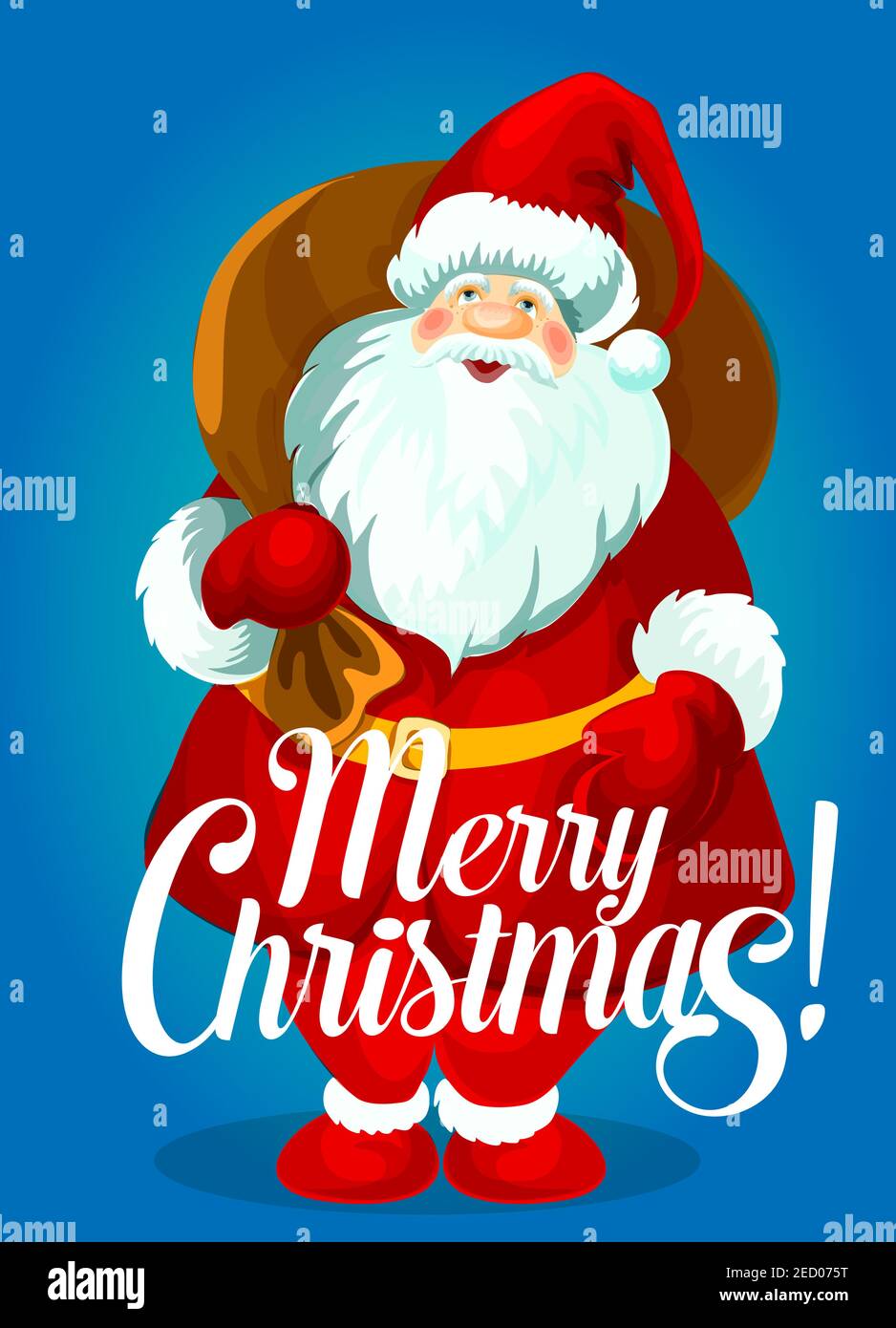 Père Noël avec sac cadeau motif carte de Noël. Joyeux Père Noël en chapeau  rouge, costume et gants avec fourrure blanche porte sac plein de cadeau et  de bonbons Image Vectorielle Stock -
