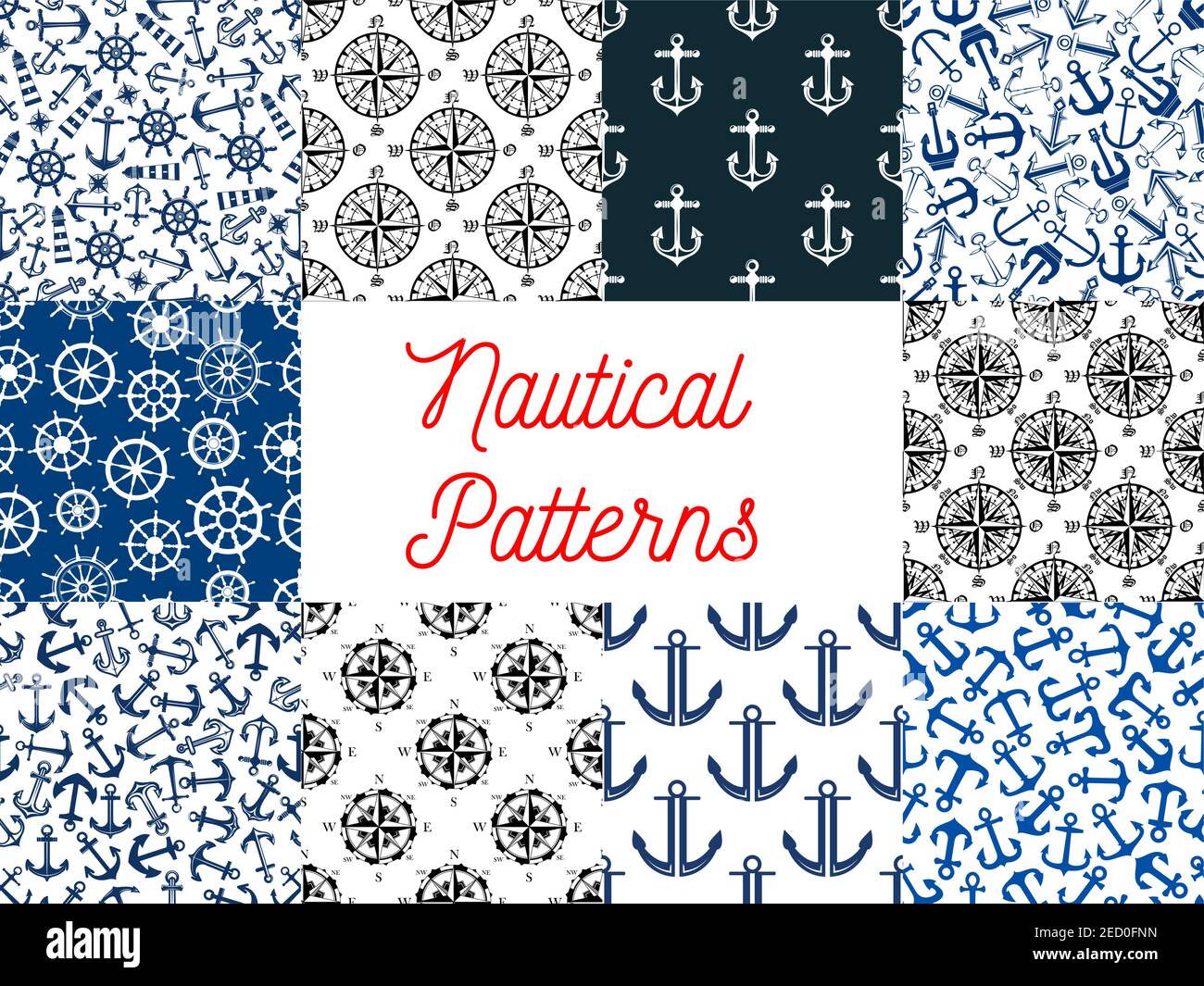 Motifs sans coutures marine. Ensemble de motif vectoriel d'ancrage sur la chaîne, volant du navire, flèches de compas, balise de phare pour l'accueil Illustration de Vecteur