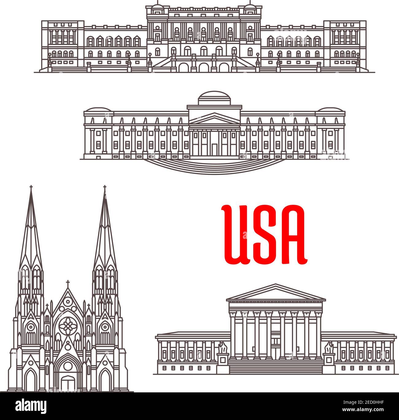 Cour suprême des États-Unis, Bibliothèque du Congrès, Musée de Brooklyn, Cathédrale St Patrick. Célèbres monuments architecturaux des États-Unis. Icônes vectorielles de buildin Illustration de Vecteur