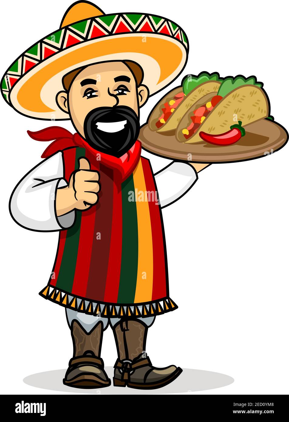 Icône de la cuisine mexicaine. Le chef latino souriant cuisine dans des  vêtements nationaux poncho, sombrero, moustache tenant le modèle de carte  de menu et tacos épicés sur l'assiette. Ven Image Vectorielle