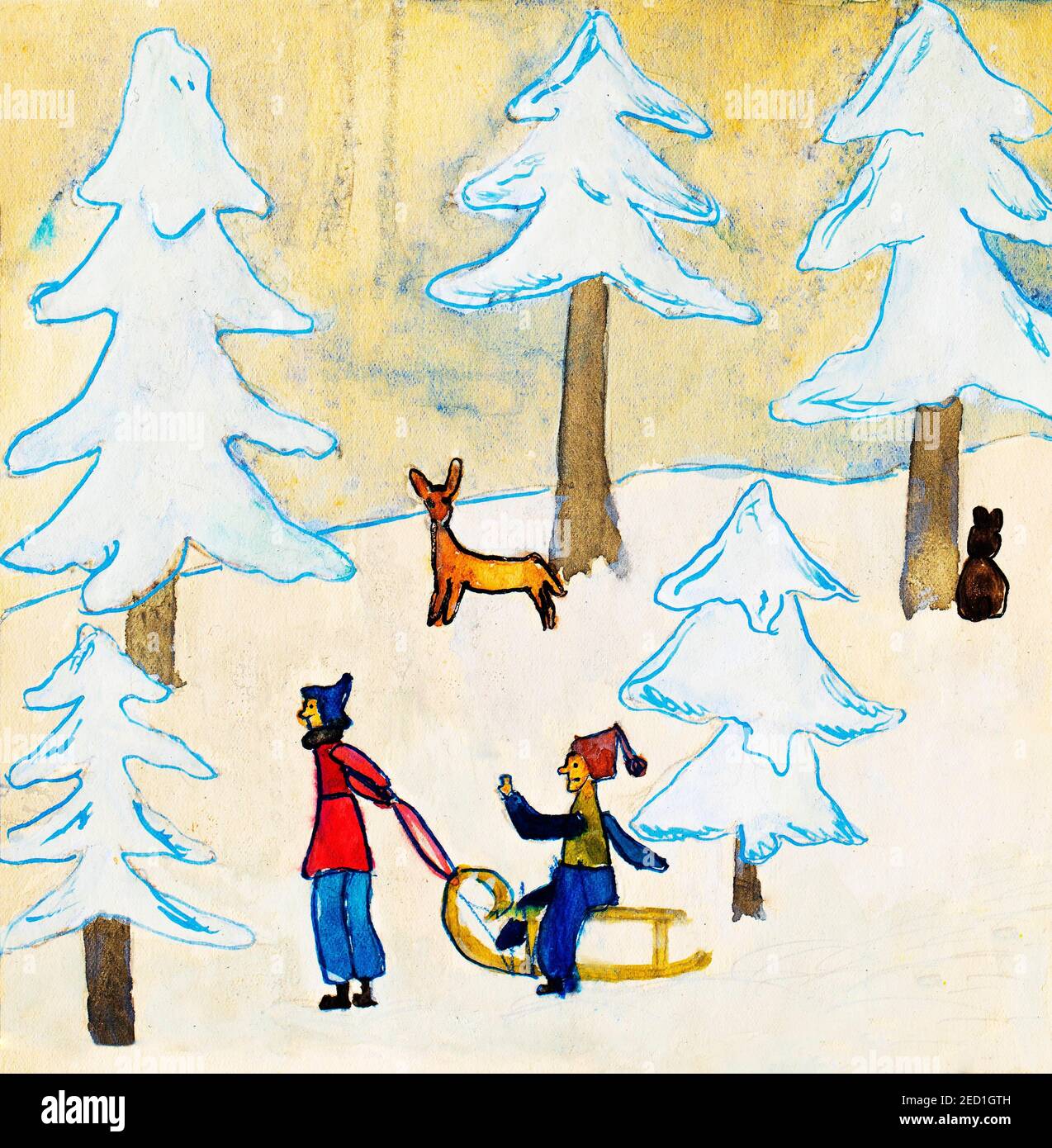 Illustration naïve, dessin d'enfants, promenade en traîneau dans la forêt Banque D'Images
