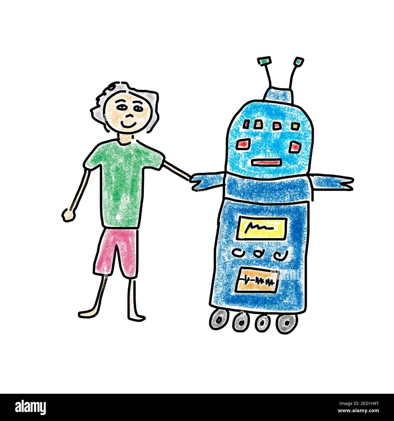 Illustration naïve, dessin d'enfants, un garçon et un robot secouer les mains, Autriche Banque D'Images