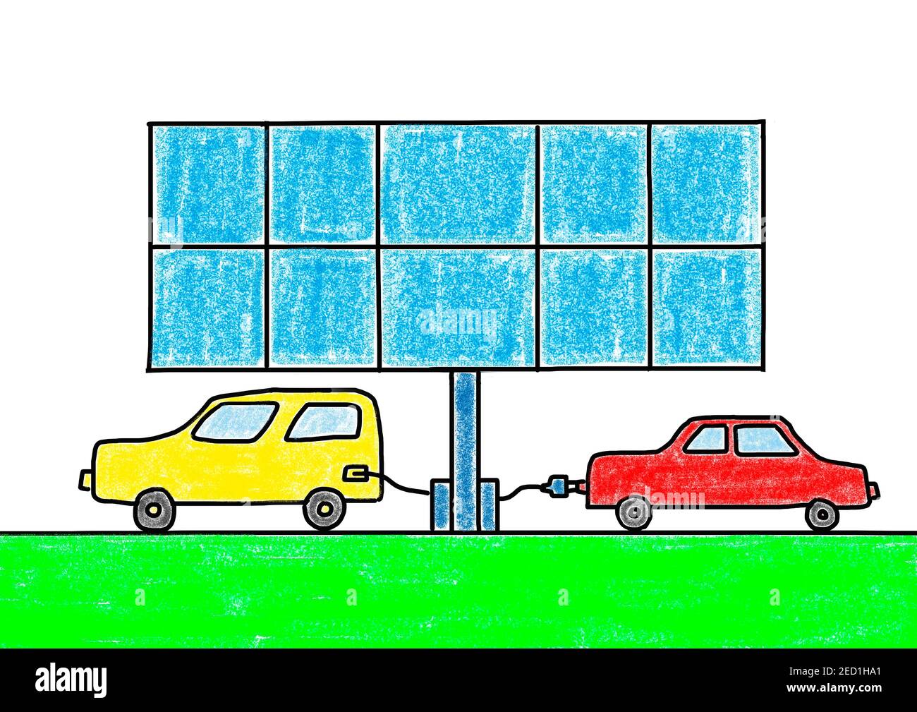 Illustrations naïves, dessin d'enfants, voiture E à la station de remplissage électrique avec système photovoltaïque, panneaux solaires, Autriche Banque D'Images