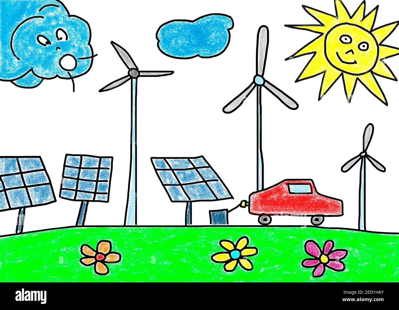 Illustrations naïves, dessin d'enfants, voiture E à la station de remplissage électrique avec éolienne et panneaux solaires, système photovoltaïque, Autriche Banque D'Images