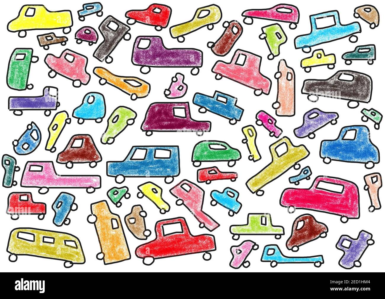 Illustration naïve, dessin d'enfants, voitures colorées, Autriche Banque D'Images