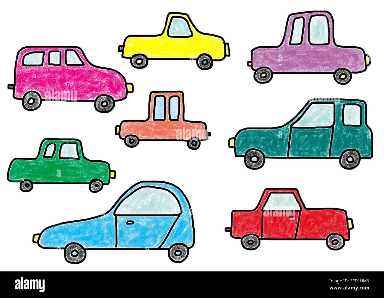 Illustration naïve, dessin d'enfants, voitures colorées, Autriche Banque D'Images