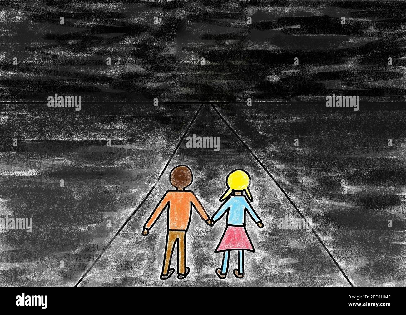 Illustration naïve, dessin d'enfants, deux enfants debout seuls dans l'obscurité sur une rue, Autriche Banque D'Images