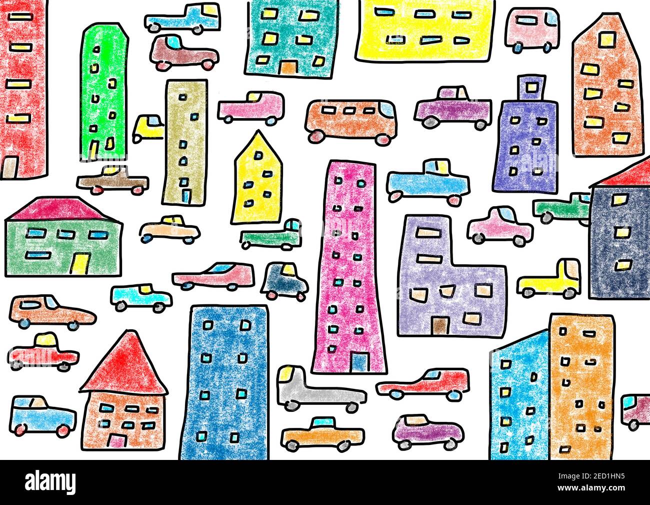 Illustration naïve, dessin d'enfants, maisons et voitures colorées, Autriche Banque D'Images