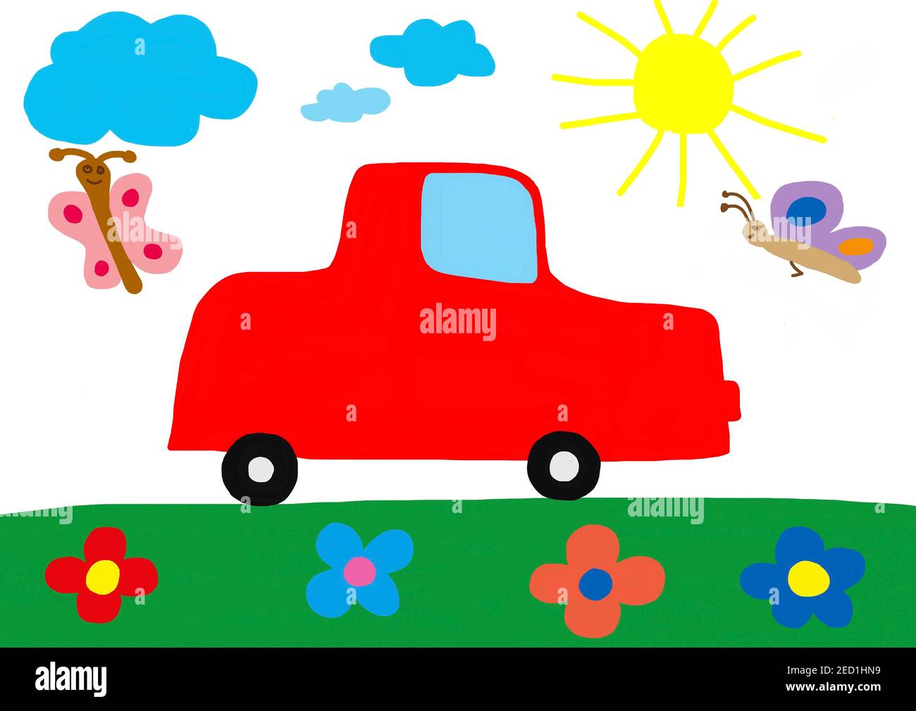 Illustration naïve, dessin d'enfants, voiture rouge sur prairie de fleurs avec papillons, Autriche Banque D'Images