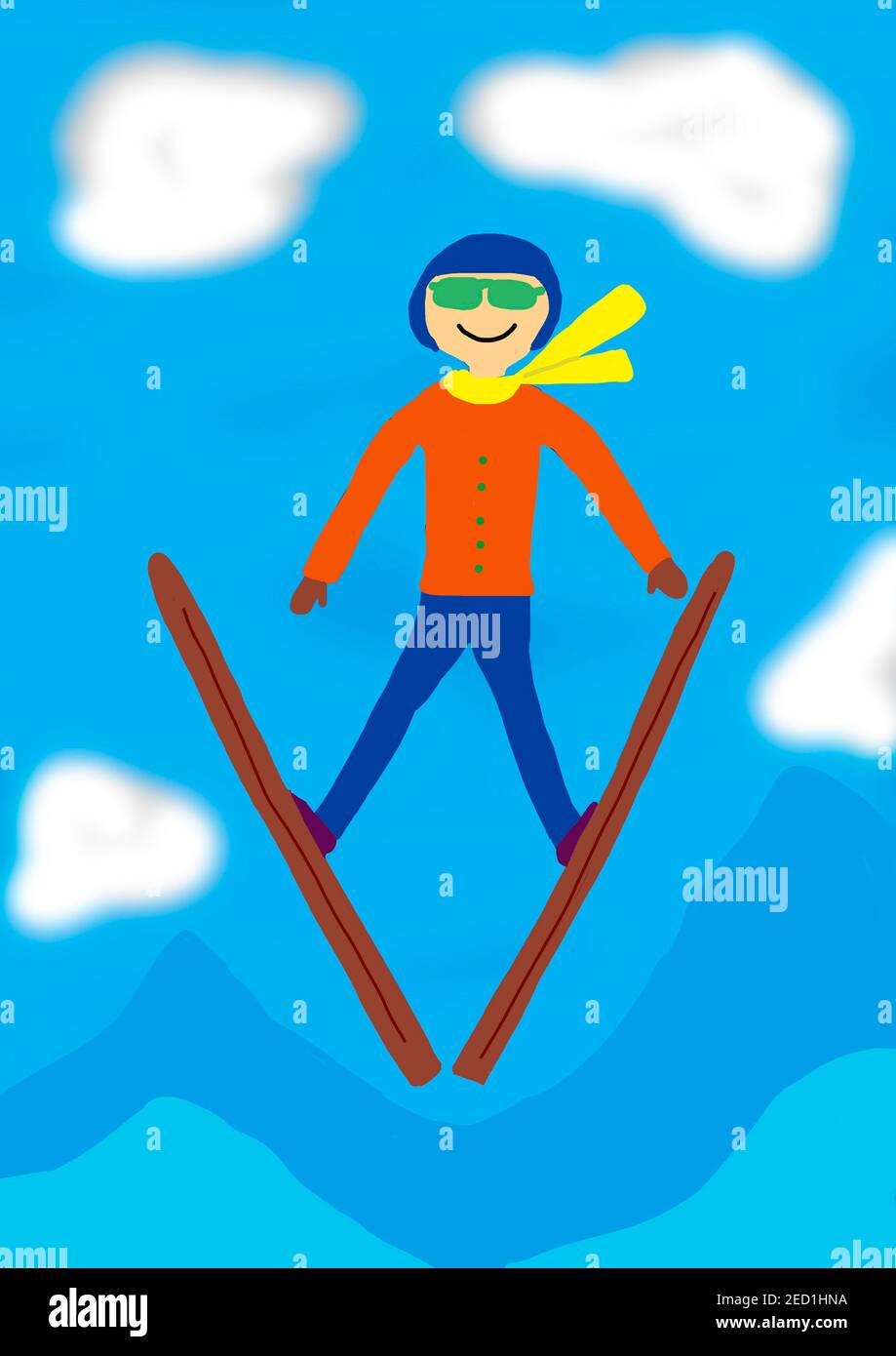 Illustration naïve, dessin d'enfants, saut à ski flotte dans les airs, Autriche Banque D'Images