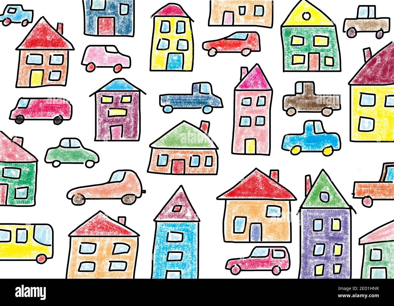 Illustration naïve, dessin d'enfants, maisons et voitures colorées, Autriche Banque D'Images